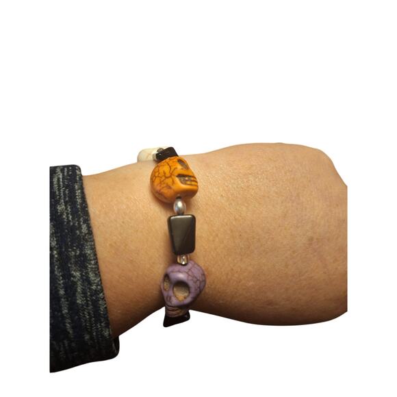 Handmade Beaded Wrap Bracelet & Earrings Colorful Rainbow Skull Set Candy Skull - Picture 2 of 4